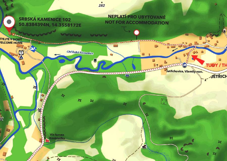 Turistická mapka okolí s vyznačeným domem Srbská Kamenice 102 a řekou Kamenicí
